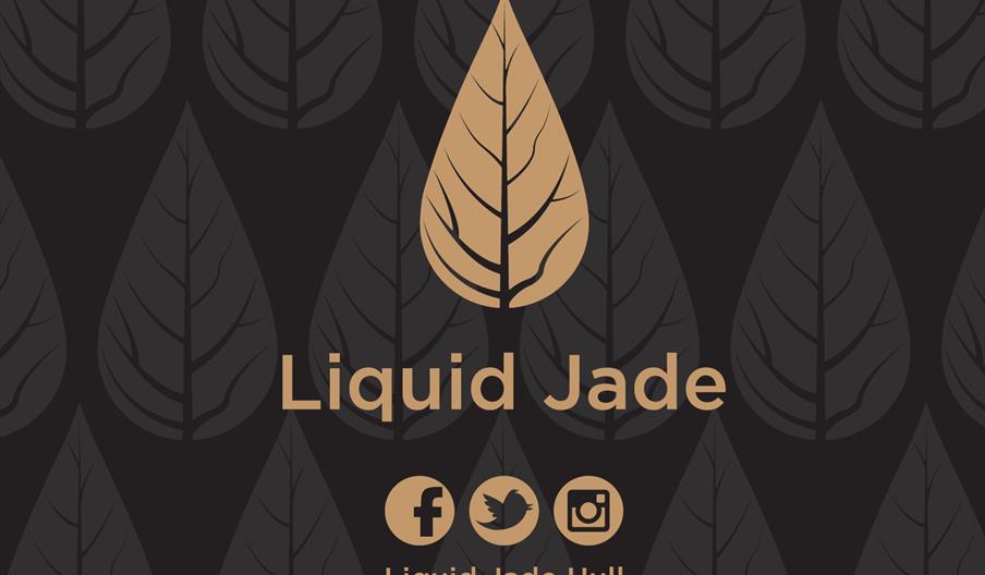A stylized gold leaf logo with the words "Liquid Jade" beneath it, set against a dark background with a repeating leaf pattern; below are Facebook, Tw
