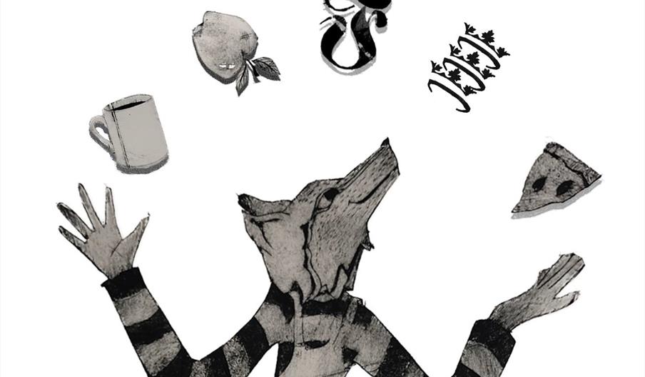 A stylized illustration of an anthropomorphic wolf wearing an apron and striped shirt, joyfully juggling a mug, a lemon, a slice of pizza, and some ab