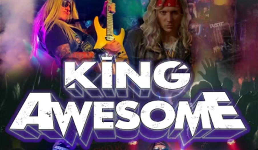 Four rock band members are performing on stage with colorful lights and smoke, with the bold, stylized text "KING AWESOME" across the center of the im