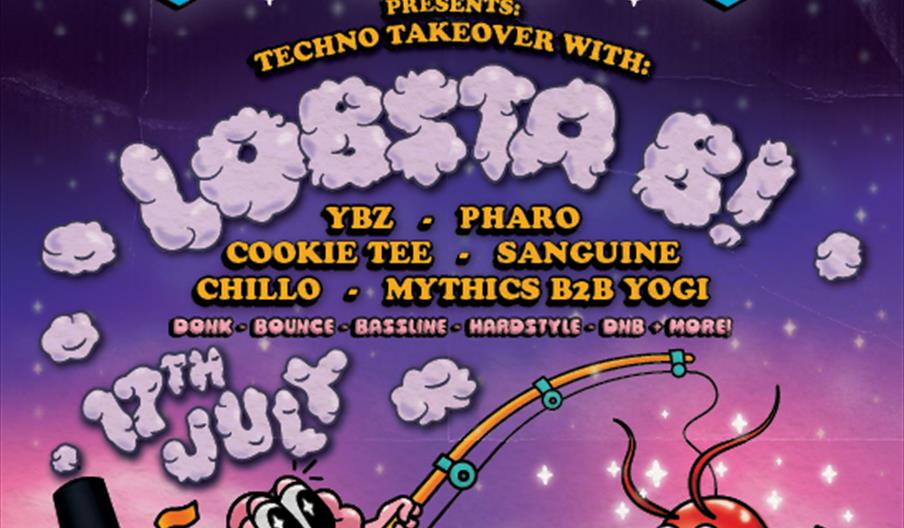 A colorful poster for a "Hive Mind" techno event features cartoon art of a person fishing from a boat and catching a smiling, waving lobster. The deta