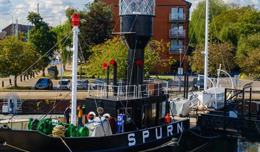 Spurn Lightship in its new berth at Hull Marina
