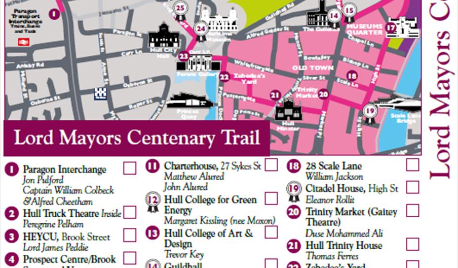A map of the Lord Mayor's Centenary Trail, featuring points of interest and their addresses.