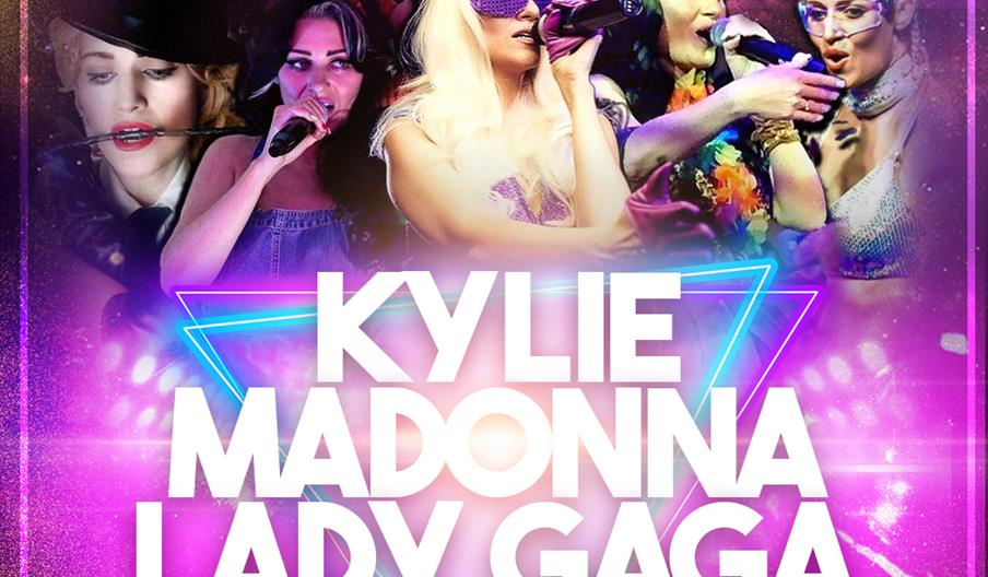 Promotional graphic for the ‘Pop Royalty’ tribute show featuring five performers and text naming Kylie, Madonna, Lady Gaga, Amy Winehouse, and Katy Pe