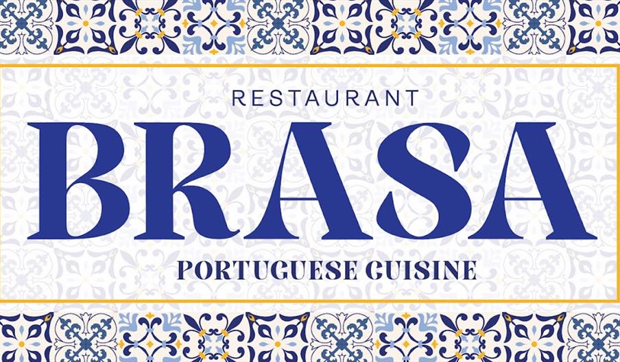 Brasa Portuguese Cuisine logo featuring elegant blue lettering on a patterned Portuguese tile background, representing an authentic Portuguese restaur