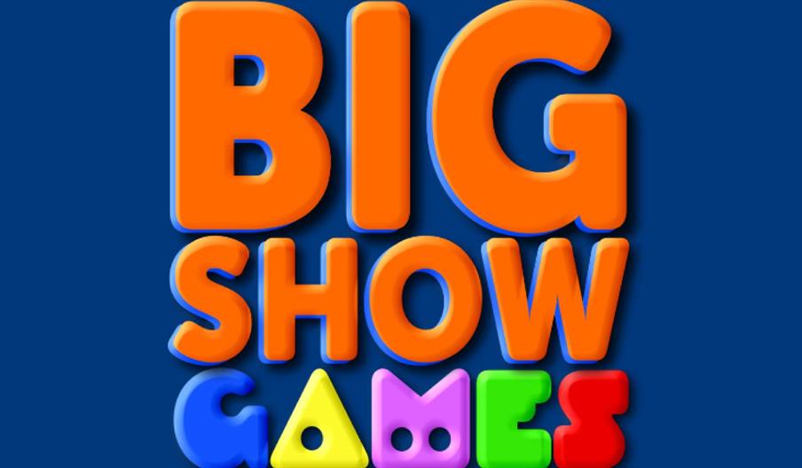 Big Show Games logo featuring bold orange lettering on a blue background with colourful game-inspired text, promoting family entertainment and interac