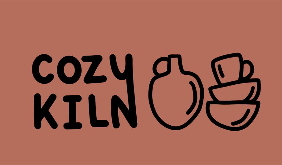 Cosy Kiln logo featuring a hand-drawn pottery jar and stacked cups on a warm terracotta background.