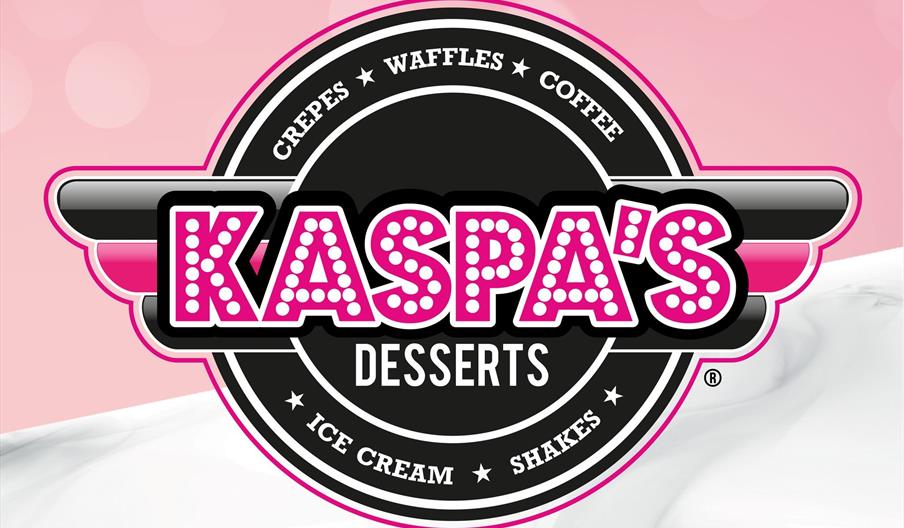 Logo for Kaspa's Desserts featuring a black circular badge with pink and white text, surrounded by the words "Crepes, Waffles, Coffee, Ice Cream, Shak