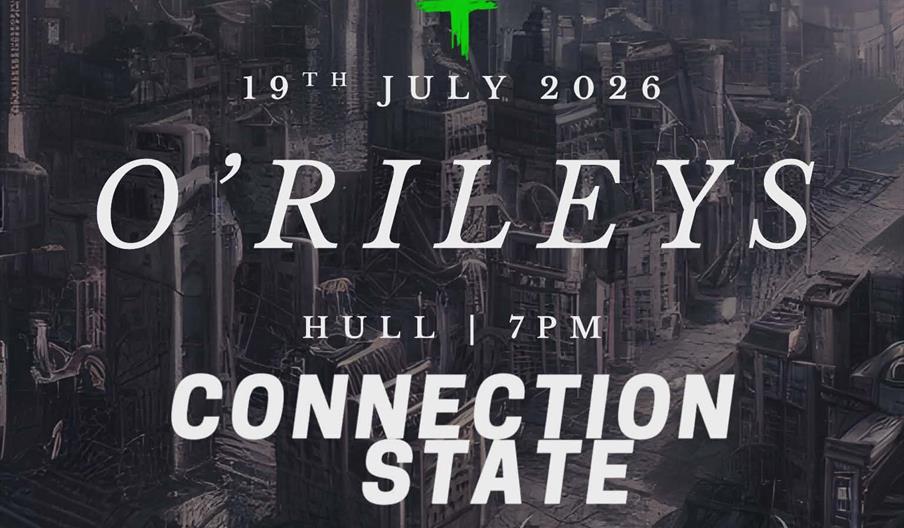 A concert poster for a metal event announces “Faith in Fiction” at O'Rileys in Hull on 19th July 2026 at 7pm, featuring bands Connection State, Necrop