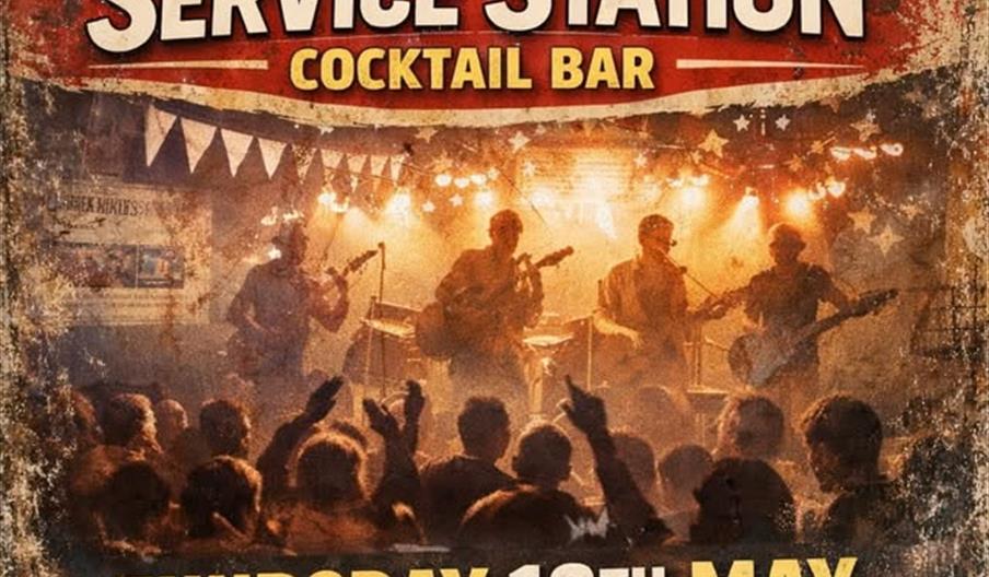 A vintage-style poster advertising a live performance by "The 1990s" at Service Station Cocktail Bar, featuring silhouettes of a band playing on stage