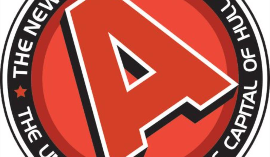 A circular logo with a large, bold red letter "A" in the center, surrounded by the text "The New Adelphi Club" at the top and "The Underground Music C