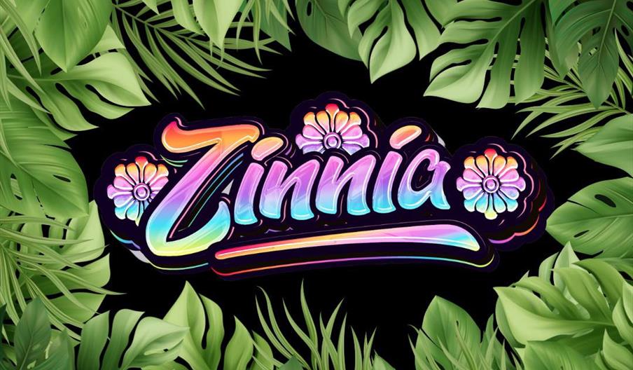 The word 'Zinnia' in colourful letters on a black background bordered by green leaves.