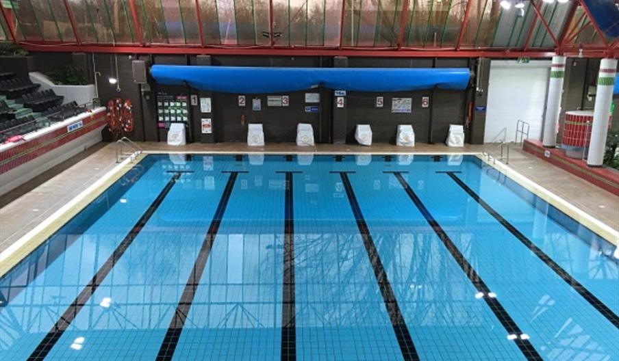 The end of a swimming pool, with viewing gallery seats to one side and windows above the pool.