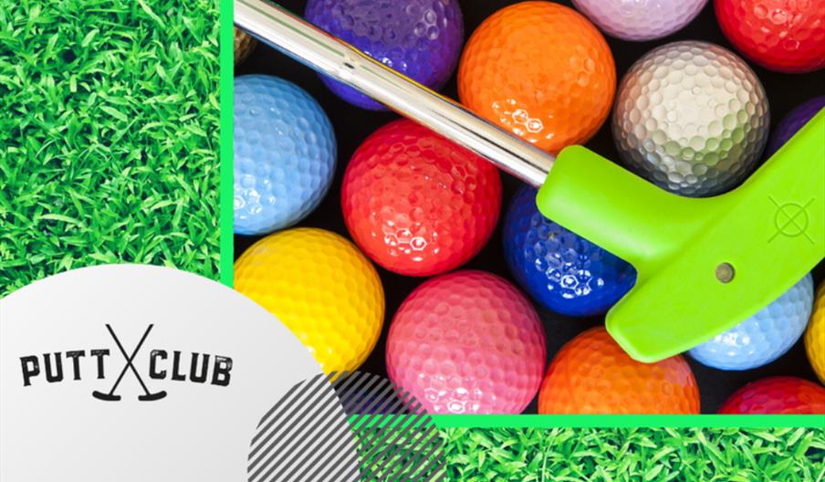 An image of numerous different coloured golf balls with a green minigolf club lying on them. The image is bordered with green grass and a white circle