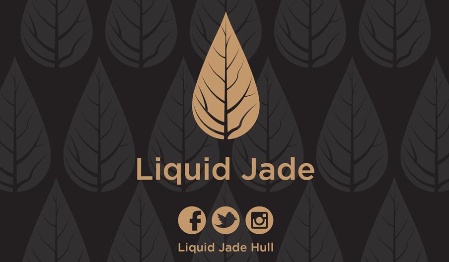 A stylized gold leaf logo with the words "Liquid Jade" beneath it, set against a dark background with a repeating leaf pattern; below are Facebook, Tw