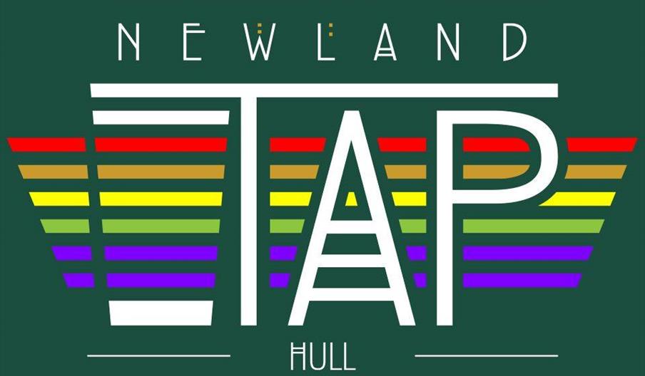 A graphic logo with the words "Newland Tap Hull" in white text on a dark green background. The word "TAP" is large and overlaid on rainbow stripes tha