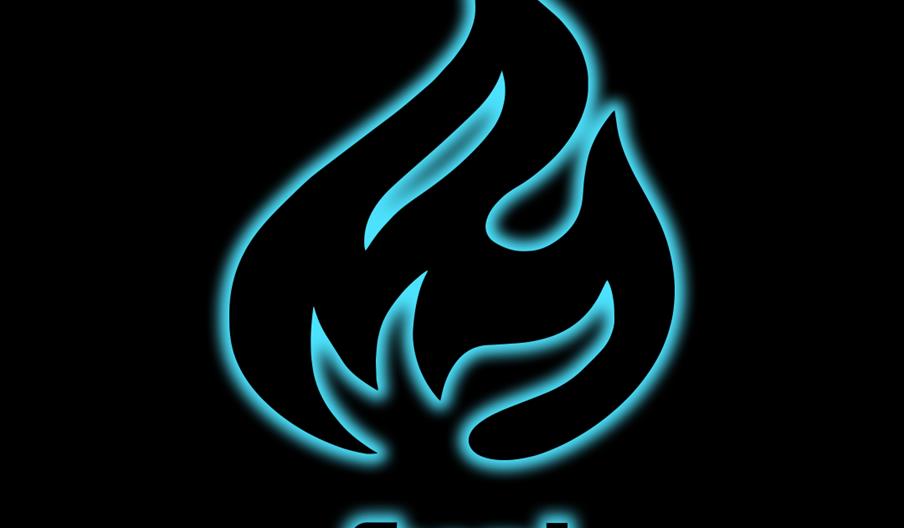 A blue neon logo on a black background depicting the outline of a flame, and the word 'fuel' underneath.