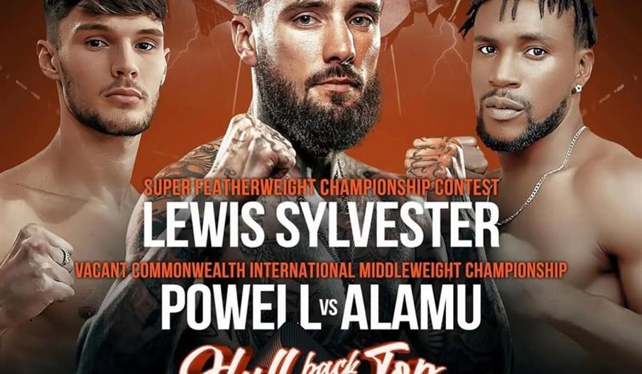 Promotional poster featuring three male boxers in fighting poses with text announcing bouts: "Lewis Sylvester" for the Super Featherweight Championshi