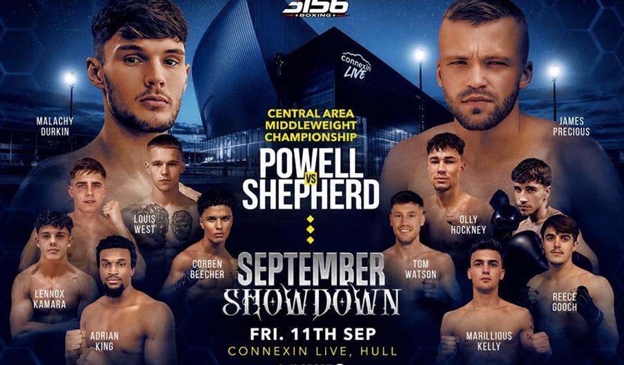 Promotional poster for a boxing event titled "September Showdown," featuring large images of two main fighters, Powell and Shepherd, with several othe