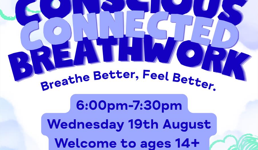 a vibrant blue and green image displaying the title conscious breathwork