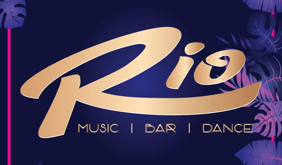 Logo for "Rio," a bar and dance venue, set against a dark blue background with gold lettering, a pink frame, and purple and pink tropical leaves. The