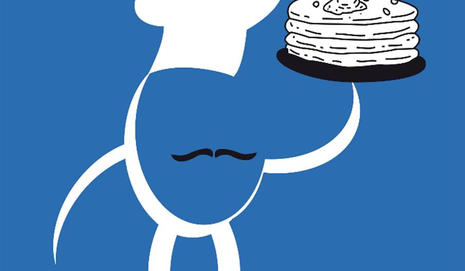 A stylized cartoon chef with a mustache, wearing a chef's hat, holds a steaming stack of pancakes on a plate against a blue background.