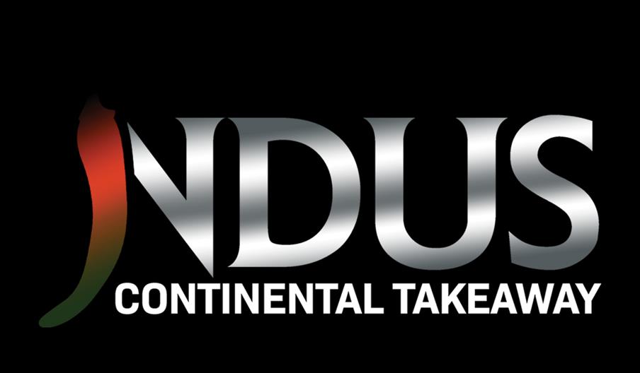 Logo with the word "INDUS" in metallic silver letters, where the "I" is stylized as a red and green chili pepper, and the words "CONTINENTAL TAKEAWAY"