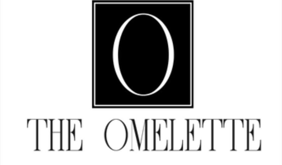 A black square with a large white letter "O" inside is above the words "THE OMELETTE" in thin, uppercase serif font. The overall design is minimalist