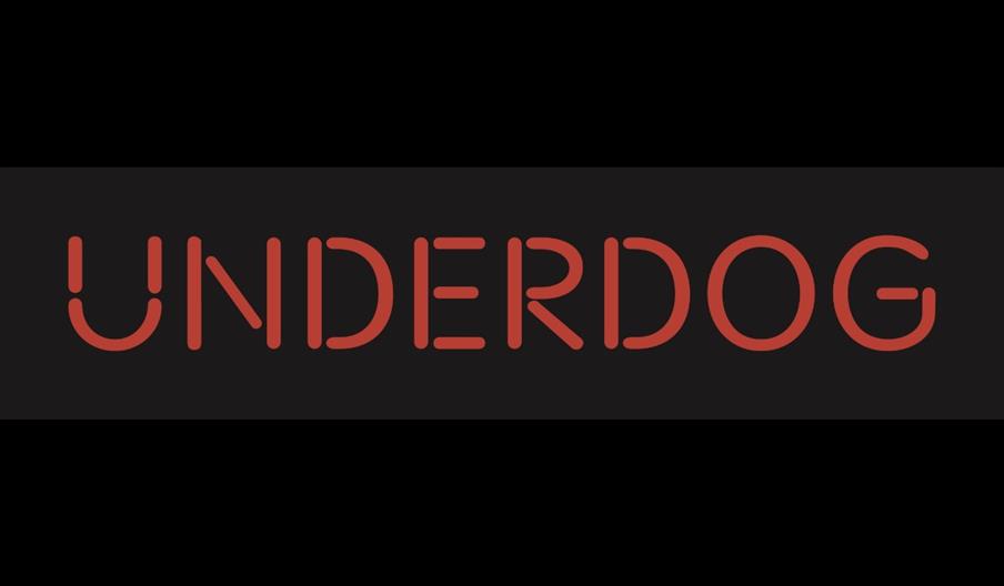 A red neon sign on a black background that reads 'Underdog'.