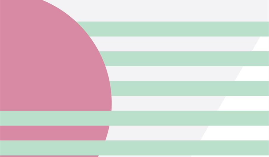 Poster for an event called "Synthesis" on 11/04, featuring abstract geometric design with a large pink semi-circle and green horizontal stripes. Text