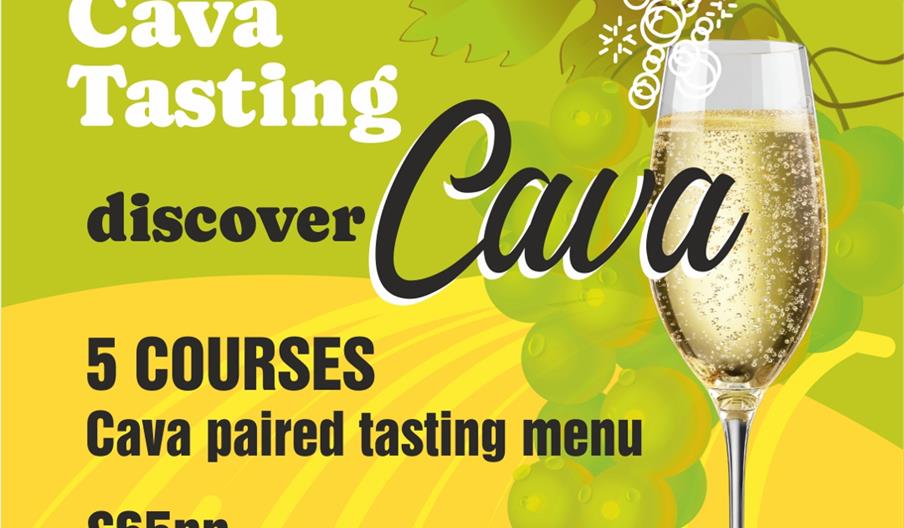 Promotional image for a Vilarnau Cava Tasting event, featuring a glass of sparkling cava, green grapes, and text advertising a five-course cava paired