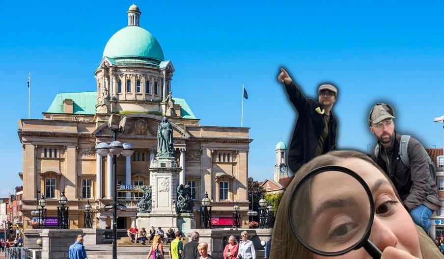 Hull City Hall, a historic building with a green dome stands in a busy city square, with people walking in front. Superimposed on the right are three