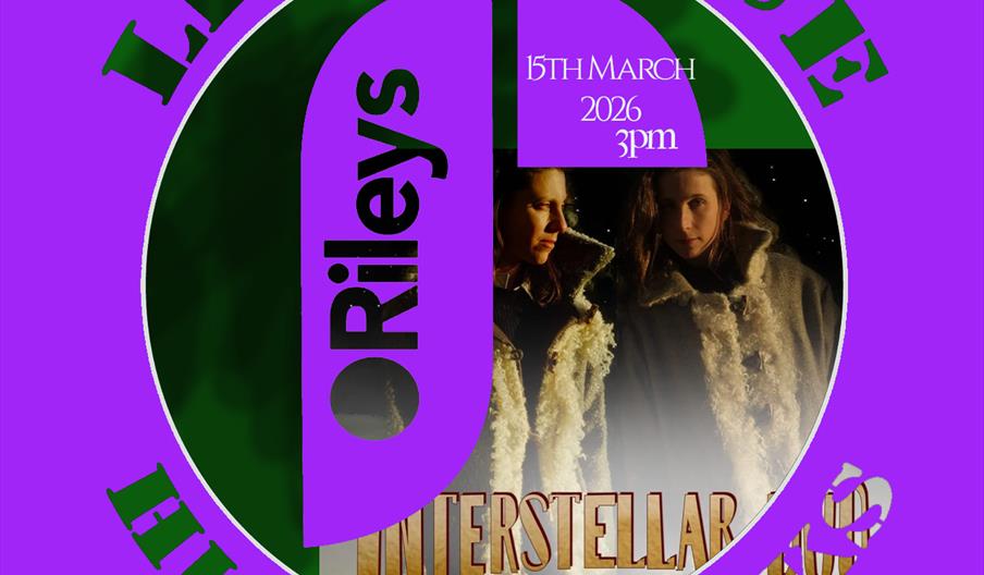 Promotional poster with a purple background showing two women in fur-lined coats, overlaid with text: "LIVE VENUE" at the top, "O'Rileys" vertically o