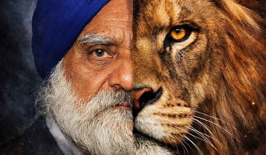 A split picture, where the left side depicts an elderly Sikh man in a blue turban, whilst the right side is the face of a lion.