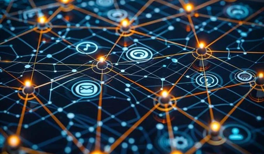 A digital network illustration showing interconnected nodes with glowing orange points, overlaid with icons representing communication and technology,