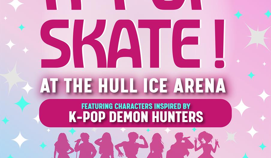 Promotional poster for "K-Pop Skate! at the Hull Ice Arena" featuring silhouettes of six K-pop-inspired characters and text mentioning songs by popula