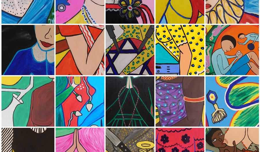 A collage of twenty colorful paintings arranged in a grid, each featuring stylized and abstracted depictions of people, clothing, and objects, includi