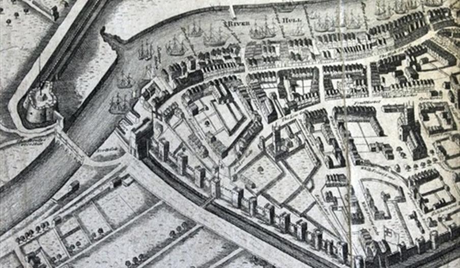 A detailed, black-and-white historical map shows a fortified city bordered by walls, with a wide river labeled "River Hull" running through it. Ships