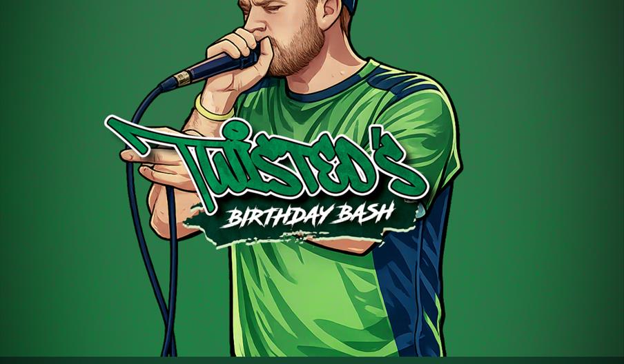Illustrated poster featuring a man in a green shirt and blue cap holding a microphone, promoting "Twisted's Birthday Bash" on Friday 24th April at The