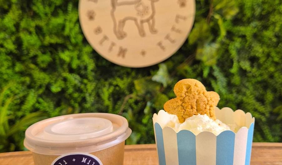A brown paper cup with a plastic lid and a logo featuring a dog sits next to a blue and white striped cup filled with whipped cream and topped with a
