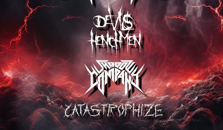 Concert poster with a dark, stormy background featuring band names "REAPER," "Devils Henchmen," "Shadow Company," and "Catastrophize." The event is on