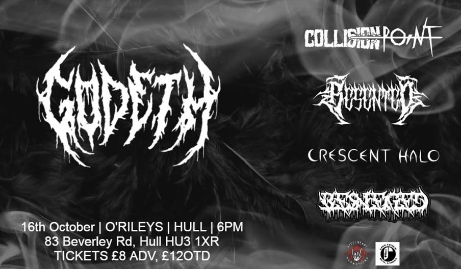A promotional poster for a metal music event featuring band names in stylized, jagged fonts: Godeth, Collision Point, Spire Tyrant, Crescent Halo, and