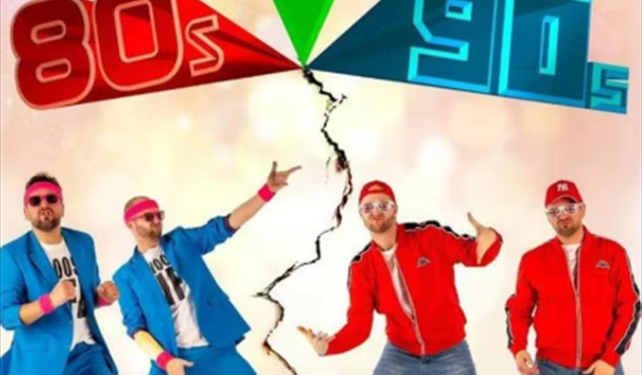 Four men pose in front of a backdrop split by a jagged crack, with "80s" in red on the left, "V" in green at the top center, and "90s" in blue on the
