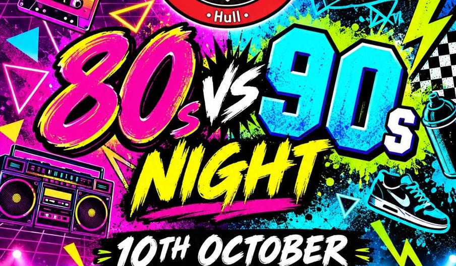Colorful event poster for an "80s vs 90s Night" at Service Station, a live music bar in Hull, featuring retro graphics like cassette tapes, boomboxes,