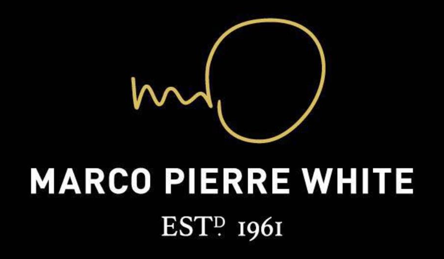 A black square logo featuring a simple gold line drawing resembling a signature at the top, with the text "MARCO PIERRE WHITE" in bold white letters b