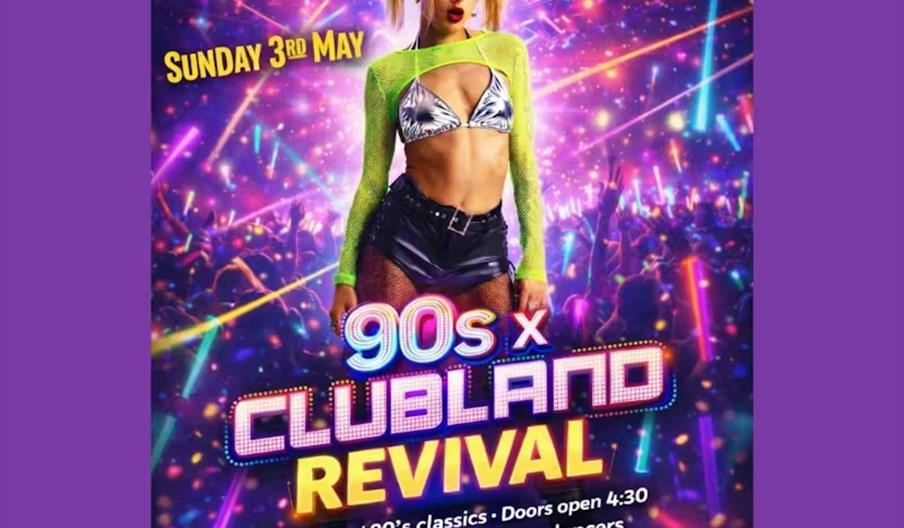 A colourful promotional poster for a "90s x Clubland Revival" event at Rio Music Bar Dance, featuring a woman in 90s clubwear against a vibrant backgr