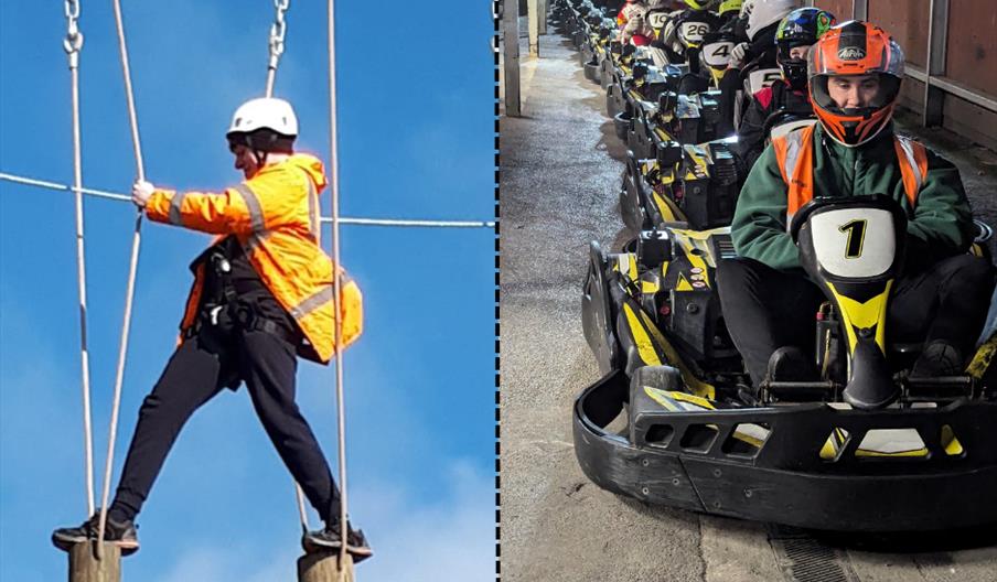 A person in a hi-vis jacket walks across two logs held aloft by wires/A line of racers in go-karts ready to race.