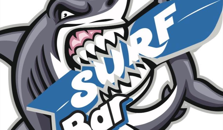 Cartoon image of a fierce shark biting down on a blue surfboard with the words "Surf Bar" written across it in bold white letters.