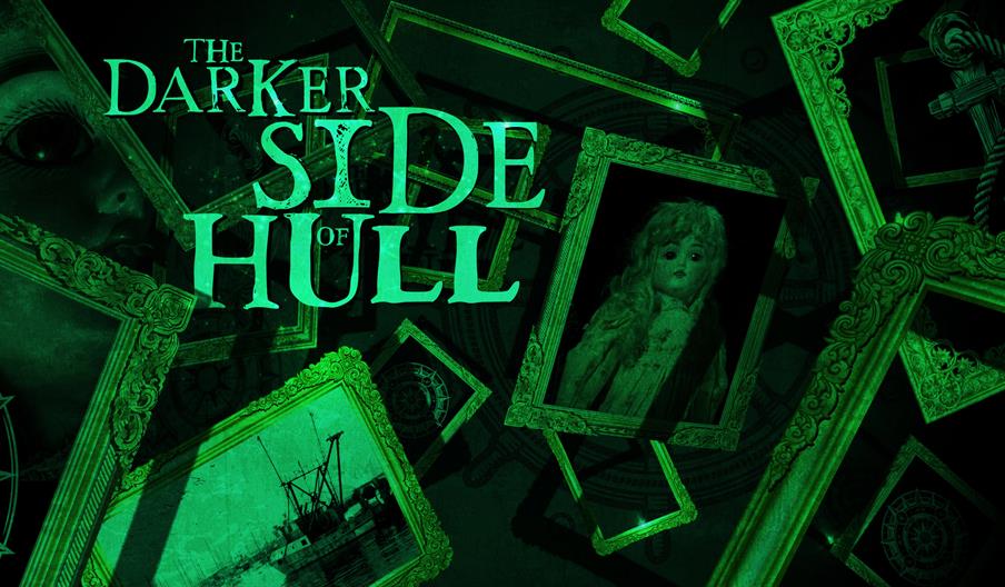 A series of black and green paintings floating in midair of various creepy things like dolls and abandoned boats, alongside green text that says 'The