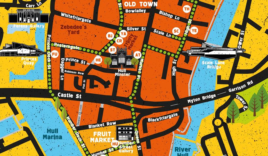 A map of Hull, highlighting local spots on the Low Ale Trail.