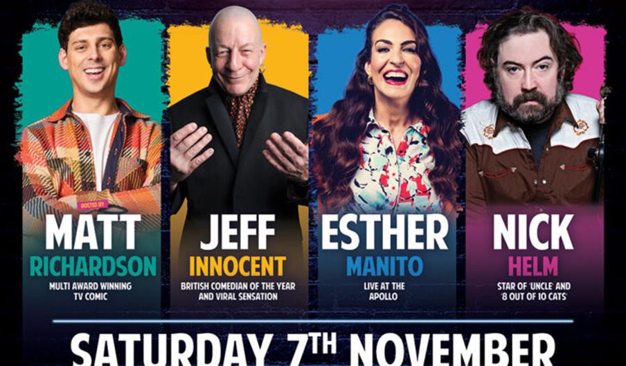Promotional poster for Jubilee Central Comedy featuring four comedians—Matt Richardson, Jeff Innocent, Esther Manito, and Nick Helm—with their photos